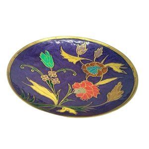 VTG Chinese Cloisonné Round Dish 5.5" Trinket Tray Enamel Purple & Red Floral